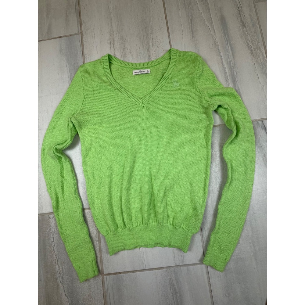 Abercrombie & Fitch Mens Small Lime Green V-Neck Knit Sweater Moose Logo Pullovr